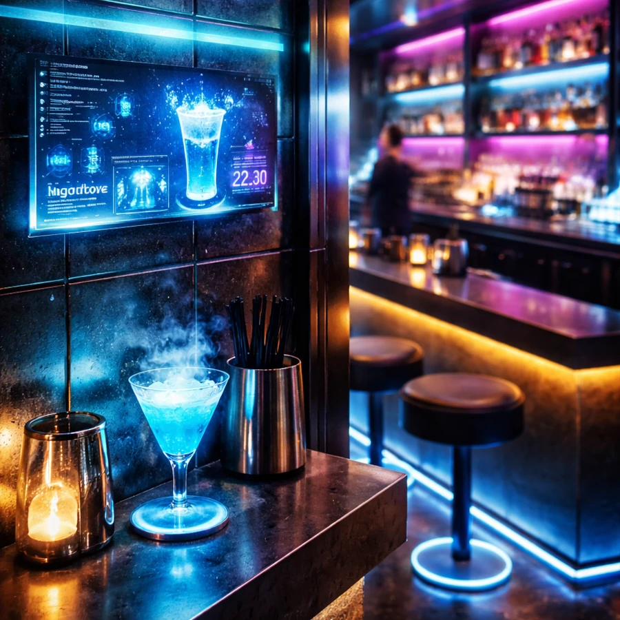 Vue du bar avec cocktail fluo sur un mange-debout au premier plan et comptoir en arrière-plan