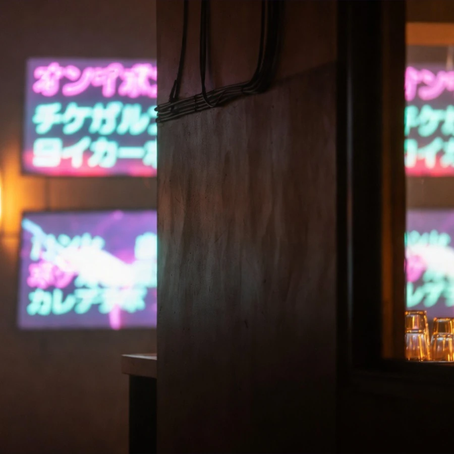 Vue d’ambiance du bar avec un mur au premier plan et des néons cyberpunk flous en arrière-plan