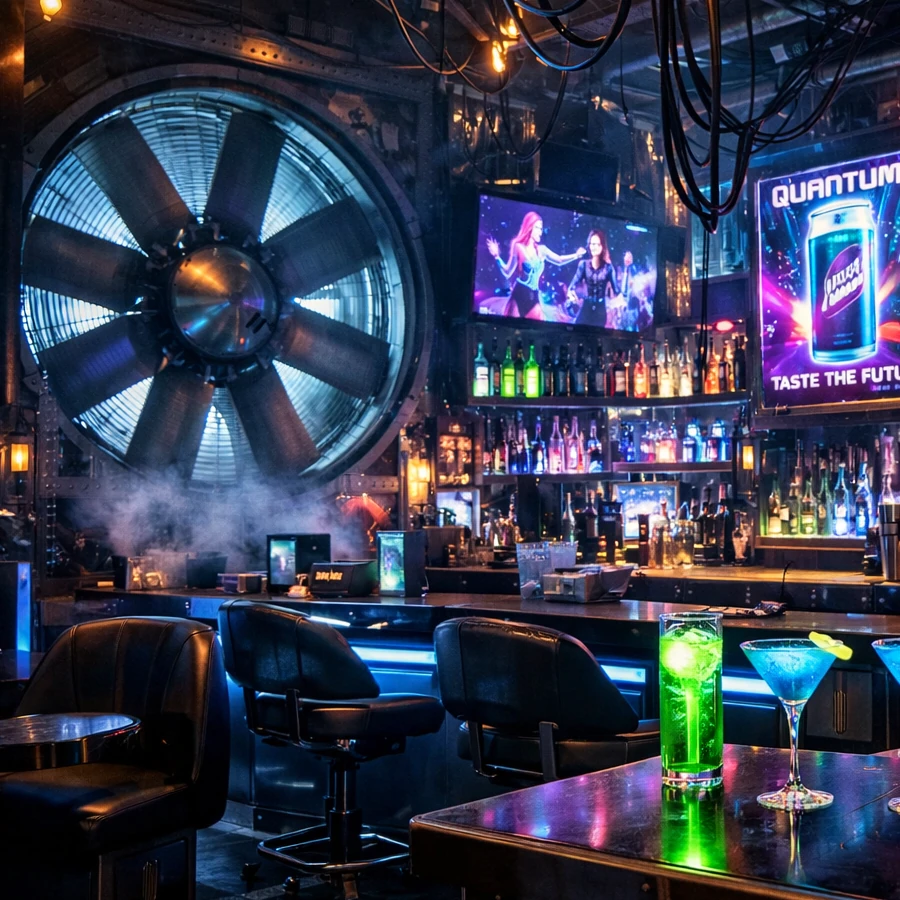 Vue du comptoir du bar avec cocktail, écrans et décoration cyberpunk