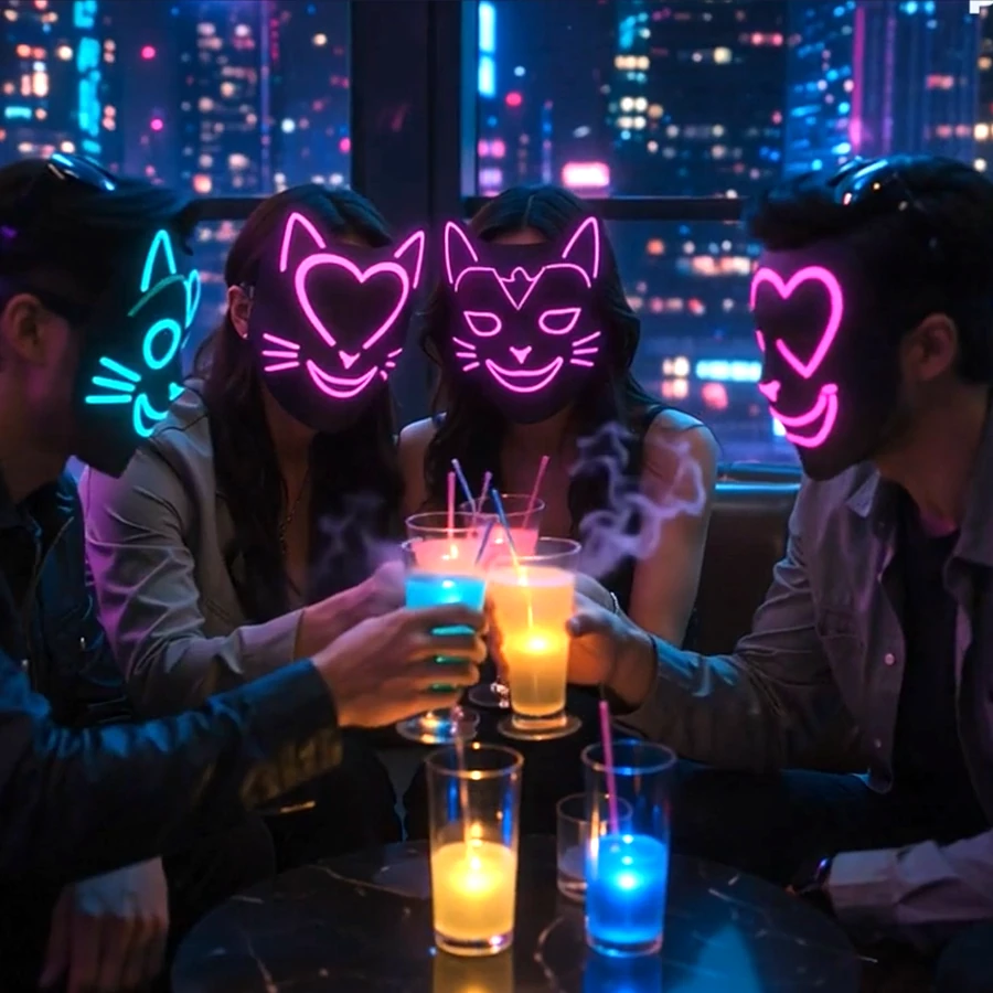 Quatre amis trinquant portant des masques cyberpunk devant un décor de ville futuriste