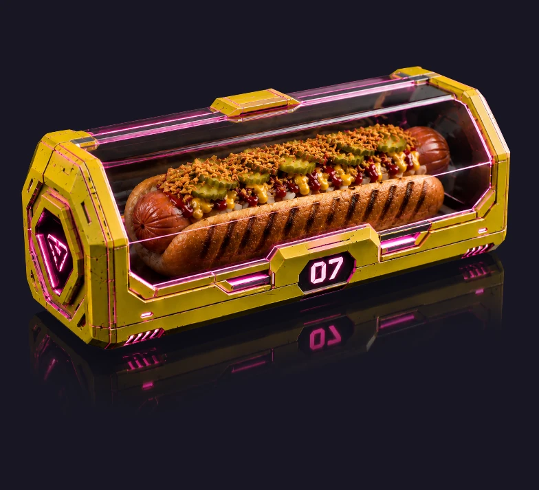 Hot dog avec pickles, oignons frits et sauce dans un packaging futuriste